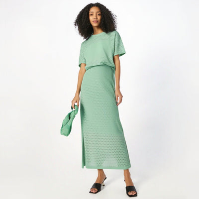 Hollow out short sleeved knitted top half skirt two-piece set women's solid color casual set
