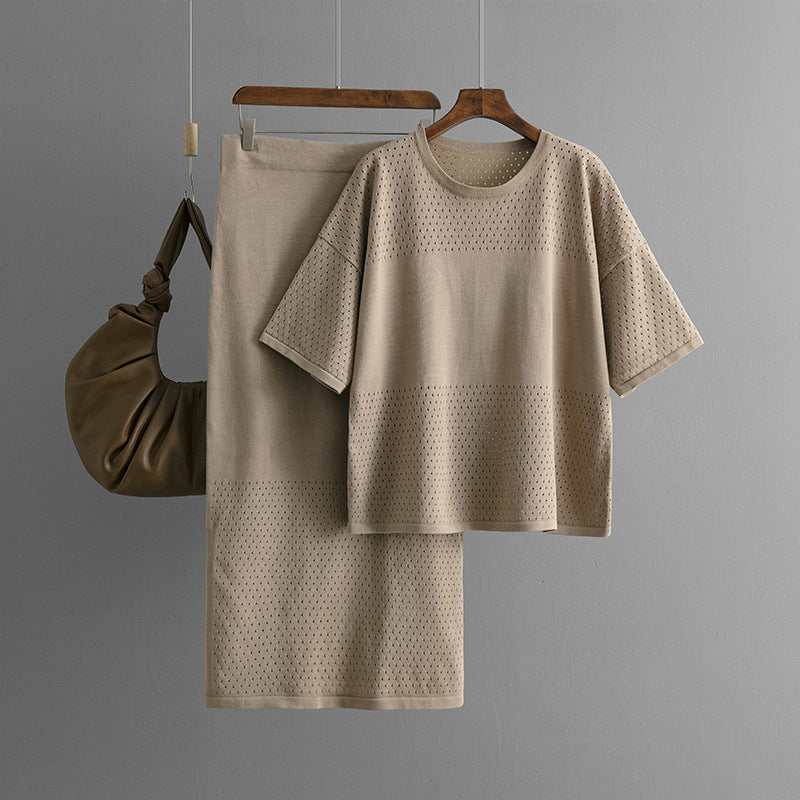 Hollow out short sleeved knitted top half skirt two-piece set women's solid color casual set