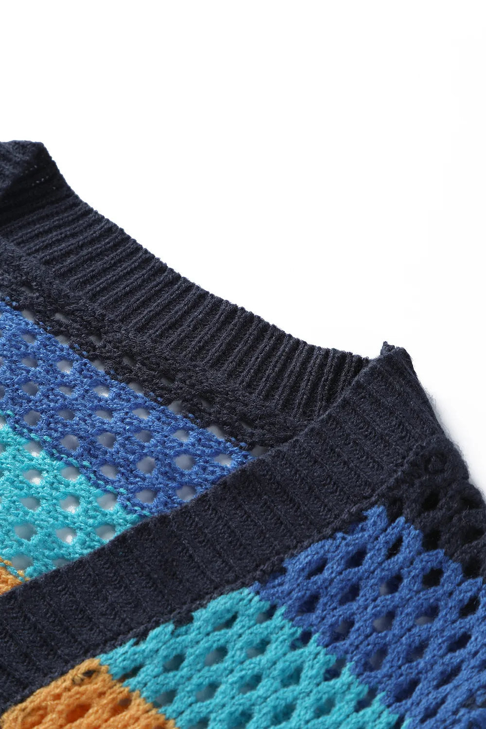 Hollow out short women's top knitted cardigan tie contrasting color stripes