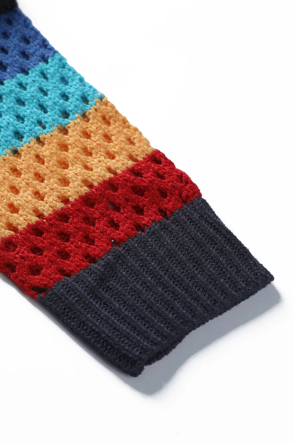 Hollow out short women's top knitted cardigan tie contrasting color stripes