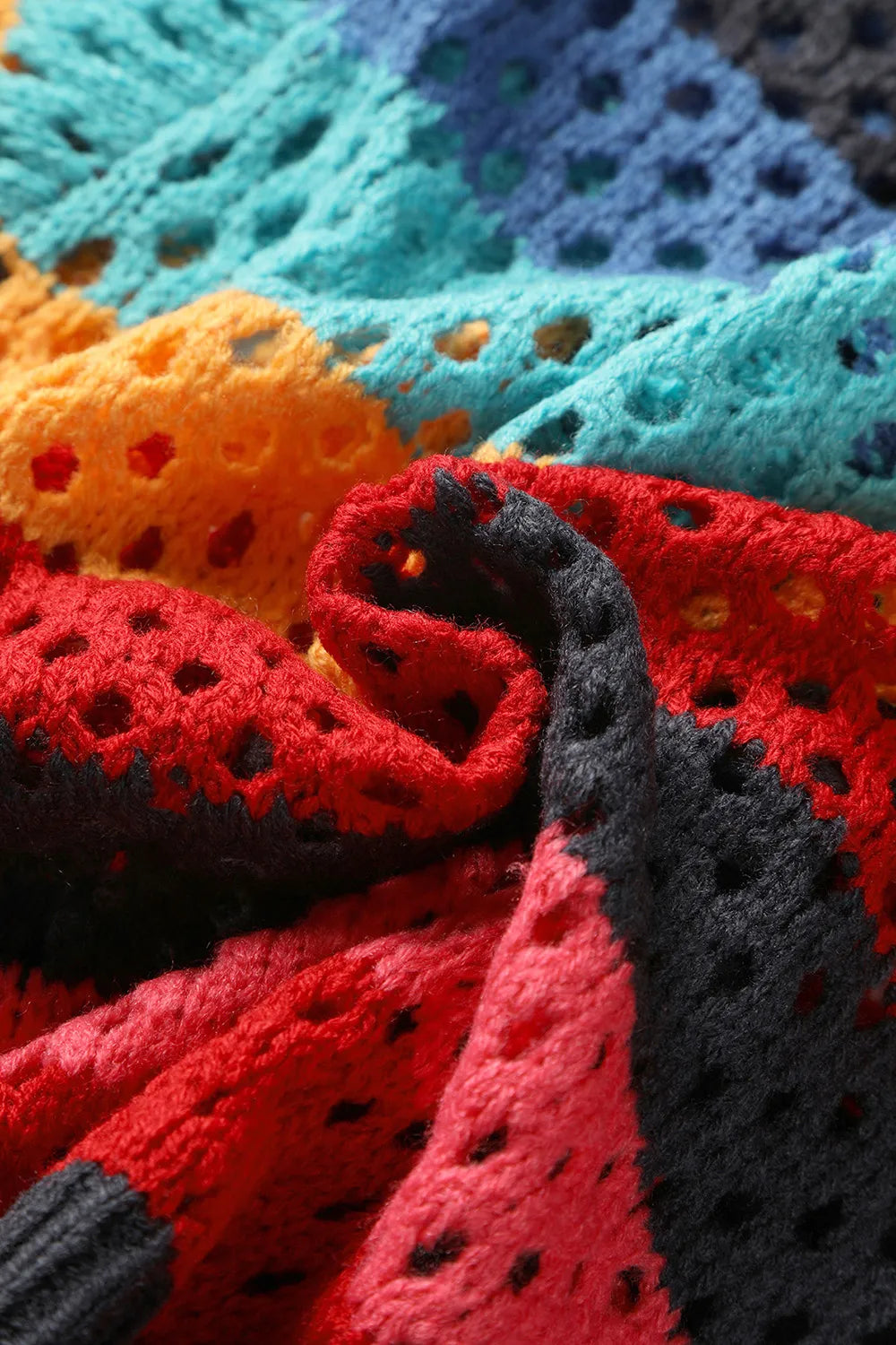 Hollow out short women's top knitted cardigan tie contrasting color stripes