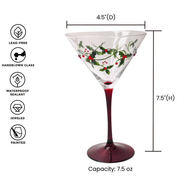 Christmas Holly Martini Glasses Jersey Art Glass