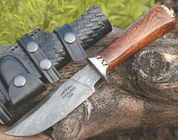 Holy Defender Damascus Hunting Knife with Exotic Rose Wood Handle - Gifts for You 'n Me