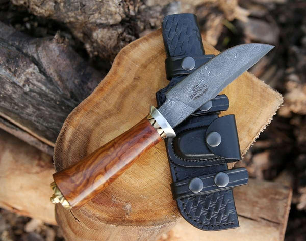 Holy Defender Damascus Hunting Knife with Exotic Rose Wood Handle - Gifts for You 'n Me