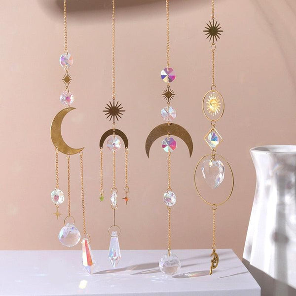 Home Decor Crystal Sun-catchers Window Pendant Hanging Curtain Wind-chimes Light Catcher Star Moon Pendant Rainbow Wind Chime Prisms Wind Chime Hanging Ornaments For Garden Home Christmas Decorations Gift