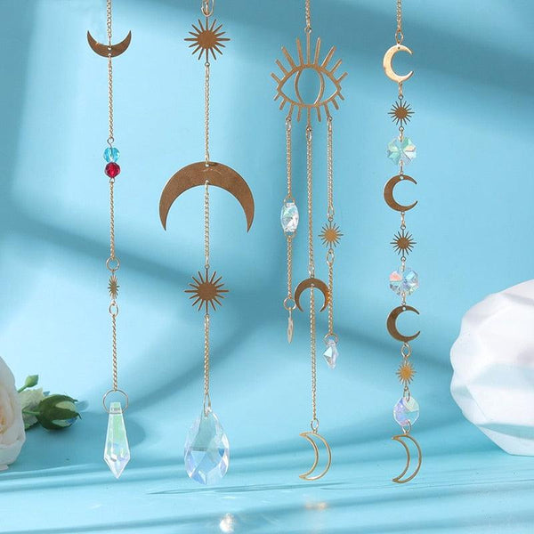Home Decor Crystal Sun-catchers Window Pendant Hanging Curtain Wind-chimes Light Catcher Star Moon Pendant Rainbow Wind Chime Prisms Wind Chime Hanging Ornaments For Garden Home Christmas Decorations Gift