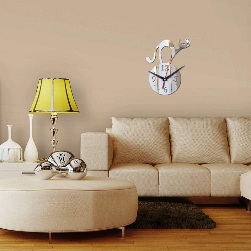 Home Decoration Wall Mirror 3D Hanging Clock Wall Murals Decal Sticker Acrylic Wallpaper for Unisex Teen Children Kid Boy Girl Classroom Gym Room Cartoon Cats Design Sticker Watch