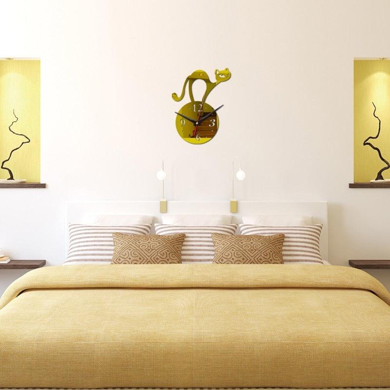 Home Decoration Wall Mirror 3D Hanging Clock Wall Murals Decal Sticker Acrylic Wallpaper for Unisex Teen Children Kid Boy Girl Classroom Gym Room Cartoon Cats Design Sticker Watch