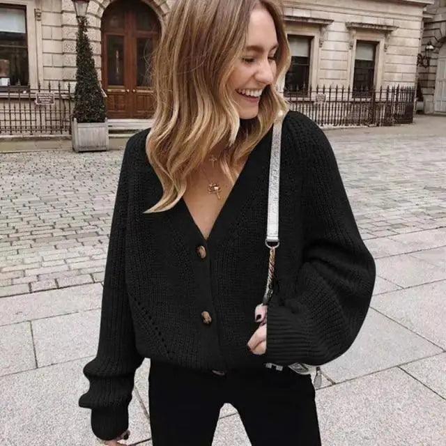 Hot Look Stylish Women's Knitted Cardigans Sweater Fashionable Autumn Long Sleeve Loose Coat Casual Button Thick V Neck Solid Female Tops