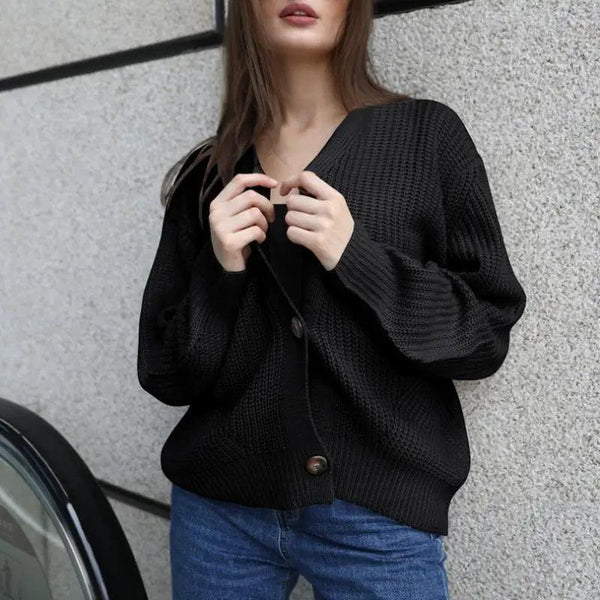 Hot Look Stylish Women's Knitted Cardigans Sweater Fashionable Autumn Long Sleeve Loose Coat Casual Button Thick V Neck Solid Female Tops