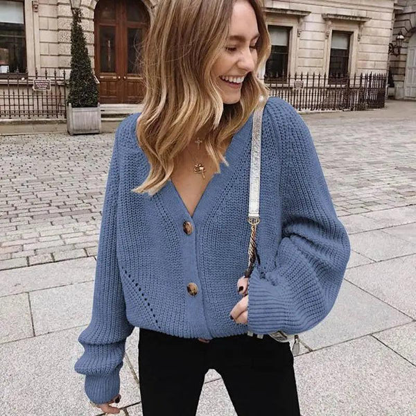 Hot Look Stylish Women's Knitted Cardigans Sweater Fashionable Autumn Long Sleeve Loose Coat Casual Button Thick V Neck Solid Female Tops
