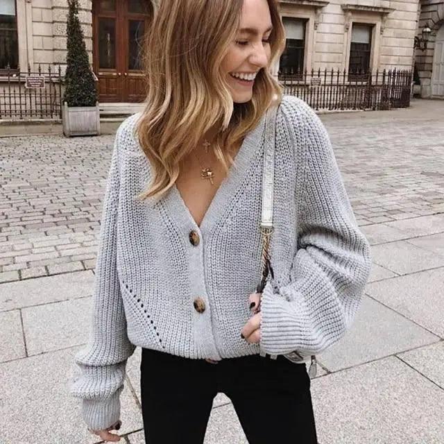 Hot Look Stylish Women's Knitted Cardigans Sweater Fashionable Autumn Long Sleeve Loose Coat Casual Button Thick V Neck Solid Female Tops
