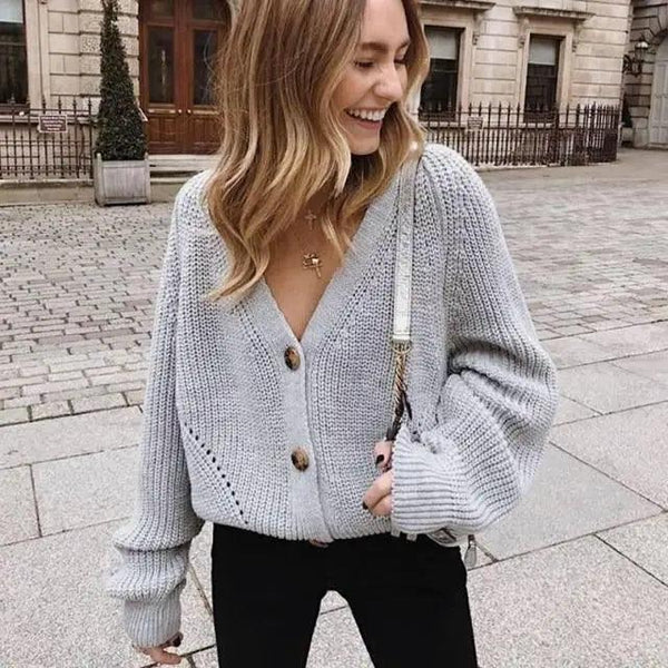 Hot Look Stylish Women's Knitted Cardigans Sweater Fashionable Autumn Long Sleeve Loose Coat Casual Button Thick V Neck Solid Female Tops