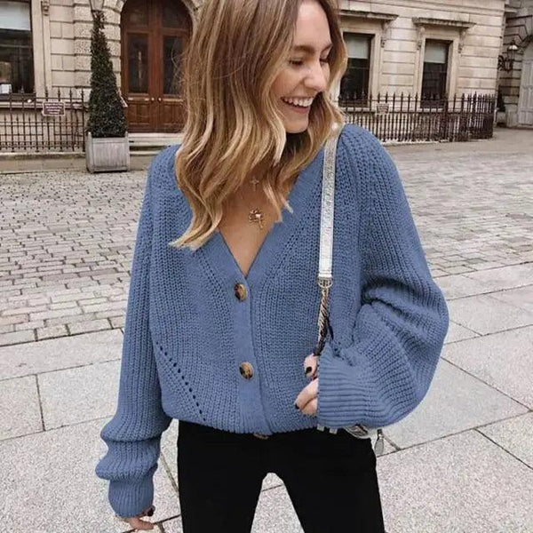 Hot Look Stylish Women's Knitted Cardigans Sweater Fashionable Autumn Long Sleeve Loose Coat Casual Button Thick V Neck Solid Female Tops