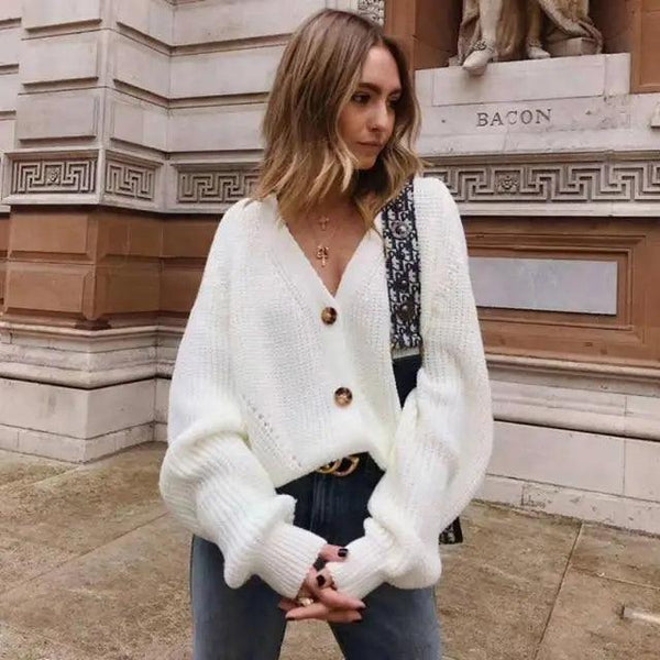 Hot Look Stylish Women's Knitted Cardigans Sweater Fashionable Autumn Long Sleeve Loose Coat Casual Button Thick V Neck Solid Female Tops