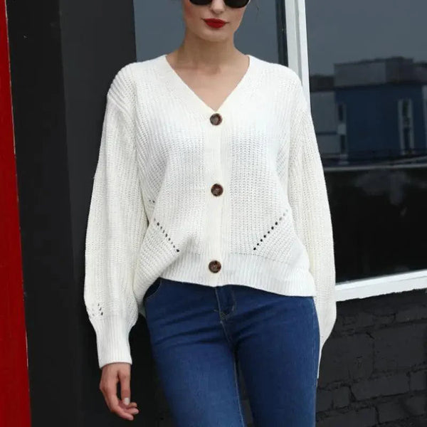 Hot Look Stylish Women's Knitted Cardigans Sweater Fashionable Autumn Long Sleeve Loose Coat Casual Button Thick V Neck Solid Female Tops