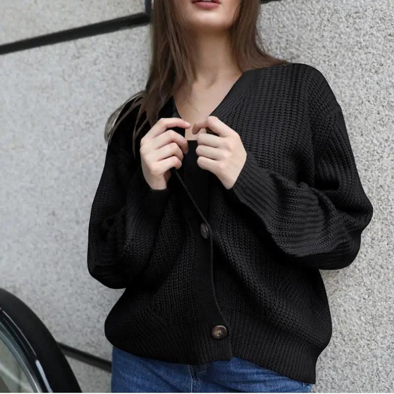 Hot Look Stylish Women's Knitted Cardigans Sweater Fashionable Autumn Long Sleeve Loose Coat Casual Button Thick V Neck Solid Female Tops