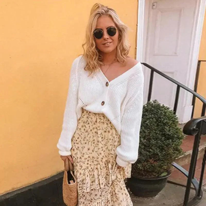 Hot Look Stylish Women's Knitted Cardigans Sweater Fashionable Autumn Long Sleeve Loose Coat Casual Button Thick V Neck Solid Female Tops