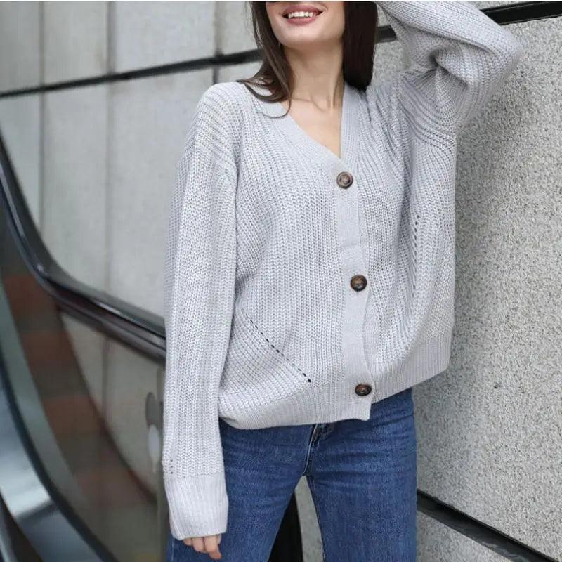 Hot Look Stylish Women's Knitted Cardigans Sweater Fashionable Autumn Long Sleeve Loose Coat Casual Button Thick V Neck Solid Female Tops