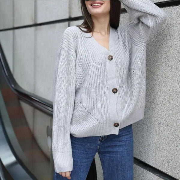 Hot Look Stylish Women's Knitted Cardigans Sweater Fashionable Autumn Long Sleeve Loose Coat Casual Button Thick V Neck Solid Female Tops