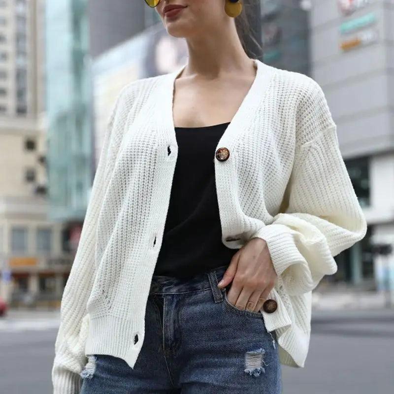 Hot Look Stylish Women's Knitted Cardigans Sweater Fashionable Autumn Long Sleeve Loose Coat Casual Button Thick V Neck Solid Female Tops