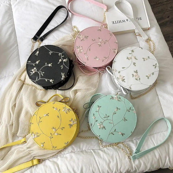 Hot Looking Sweet Lace Round Handbags High Quality PU Leather Small Fresh Flower Chain Shoulder Crossbody Bags For Women