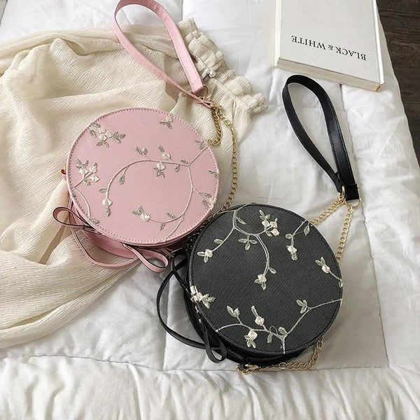 Hot Looking Sweet Lace Round Handbags High Quality PU Leather Small Fresh Flower Chain Shoulder Crossbody Bags For Women