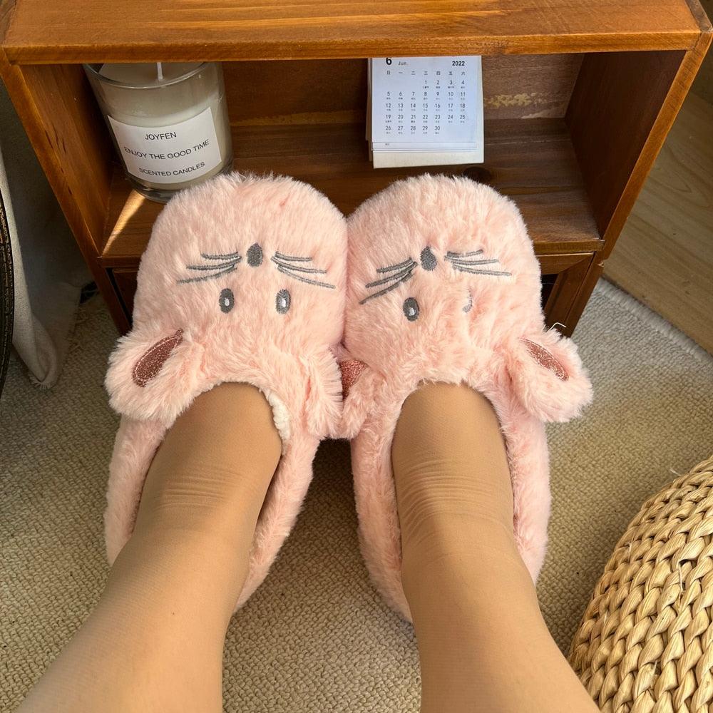 House Slipper Women Winter Non Skid Indoor Fur Cotton Warm Plush Home Fluffy Mouse Ears Memory Foam House Slippers Cozy Cute Animal Home Slipper For Women