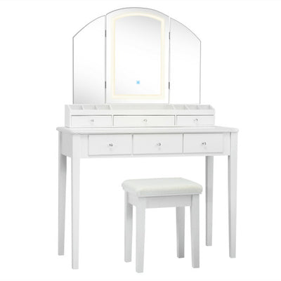 Vanity Table Stool Set with Large Tri-folding Lighted Mirror-White