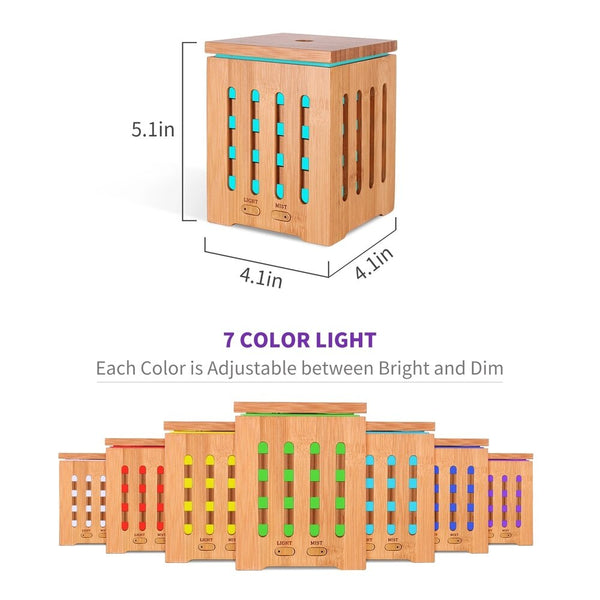 200ml Cubic Ultrasonic Bamboo Humidifier Nebulizer with 7 Color LED Lights