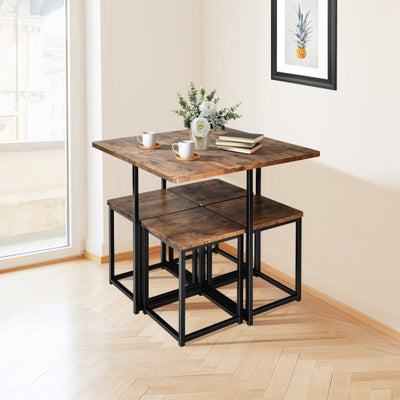 5 Pieces Metal Frame Dining Set with Compact Dining Table and 4 Stools-Walnut