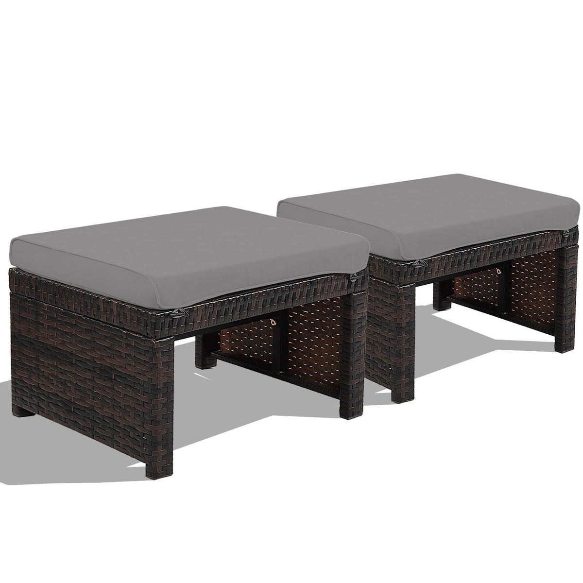 2 Pieces Patio Rattan Ottomans with Soft Cushion for Patio and Garden