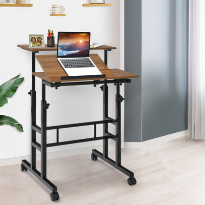 Mobile Standing up Desk Adjustable Computer Desk Tilting Workstation-Walnut