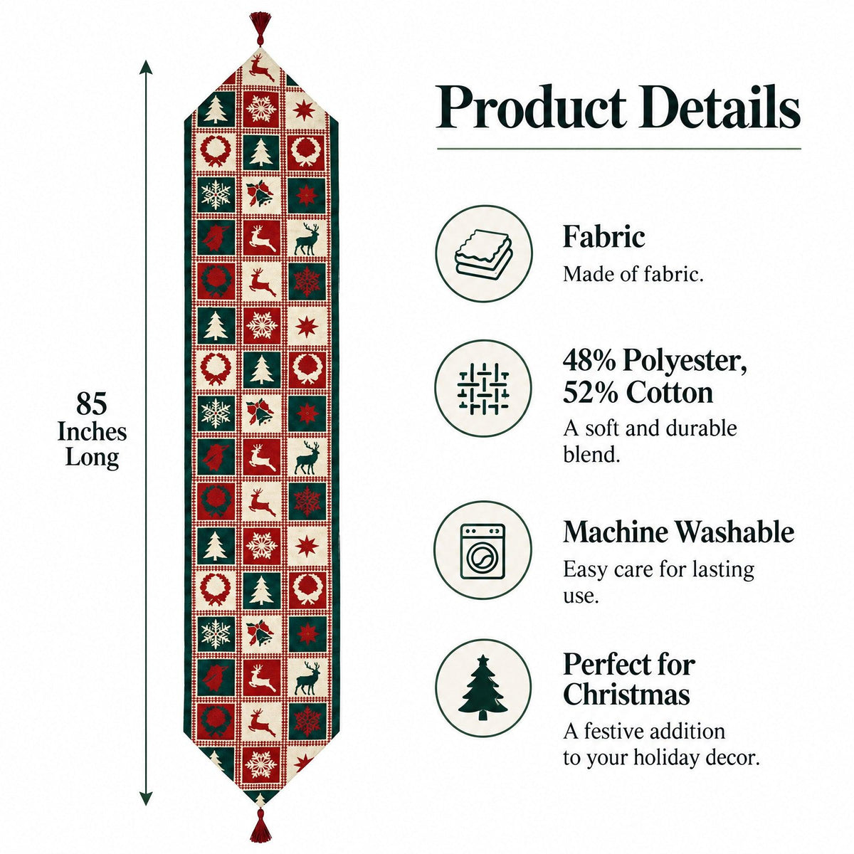 Reindeer Square Patterns Christmas Tablecloth Holiday Runner 75 Inches