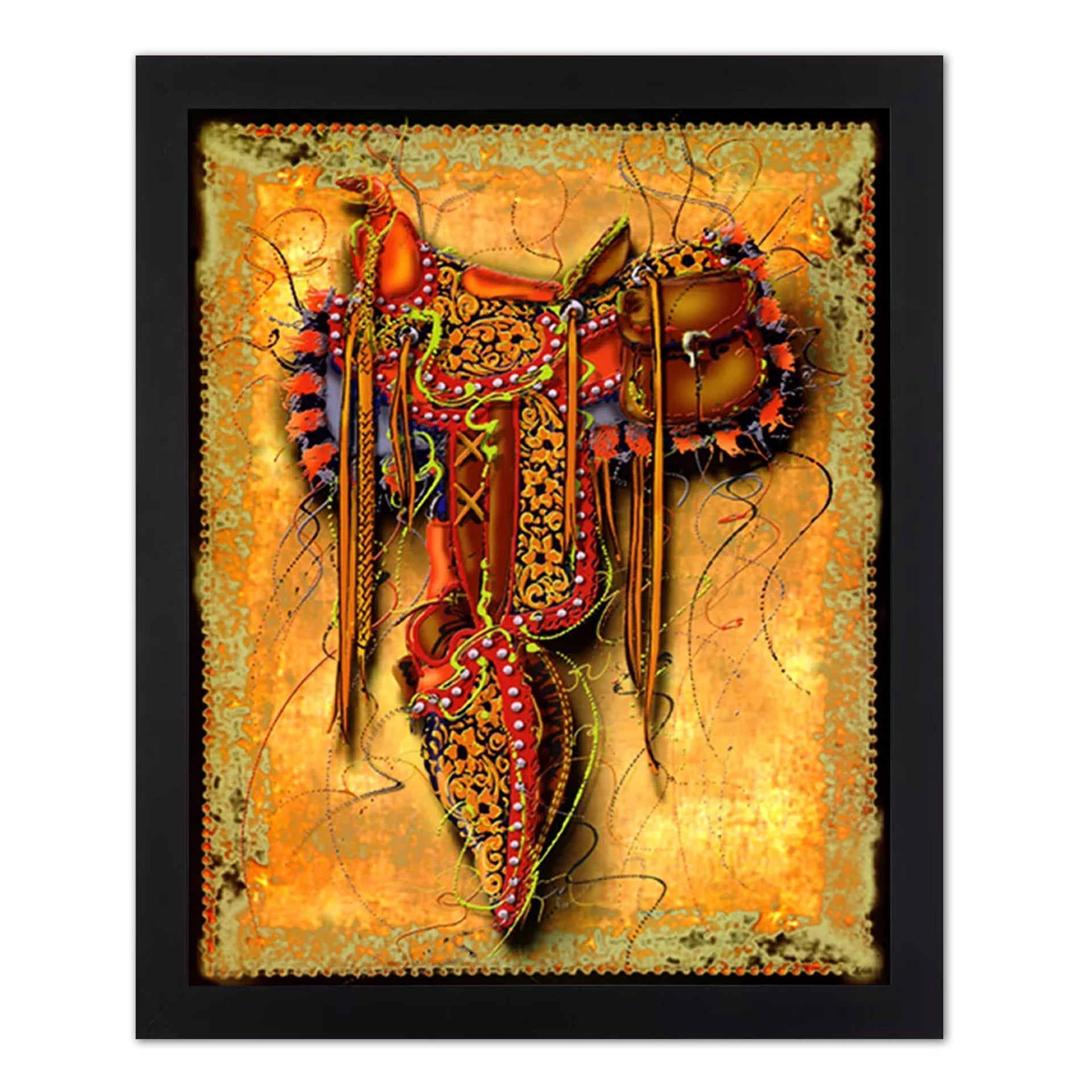 Cowboy Saddle Art - Western Wall Art 16x20 Inch Print with Black or Gold Frame