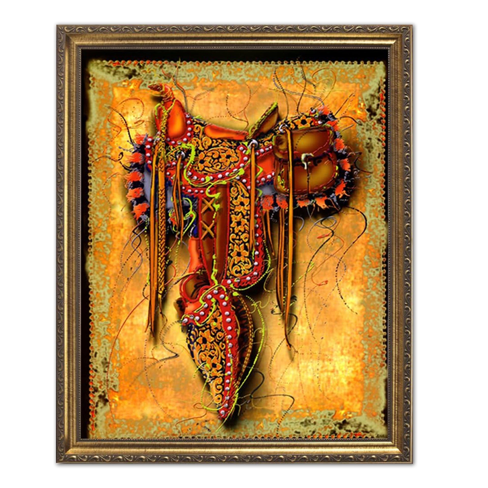 Cowboy Saddle Art - Western Wall Art 16x20 Inch Print with Black or Gold Frame