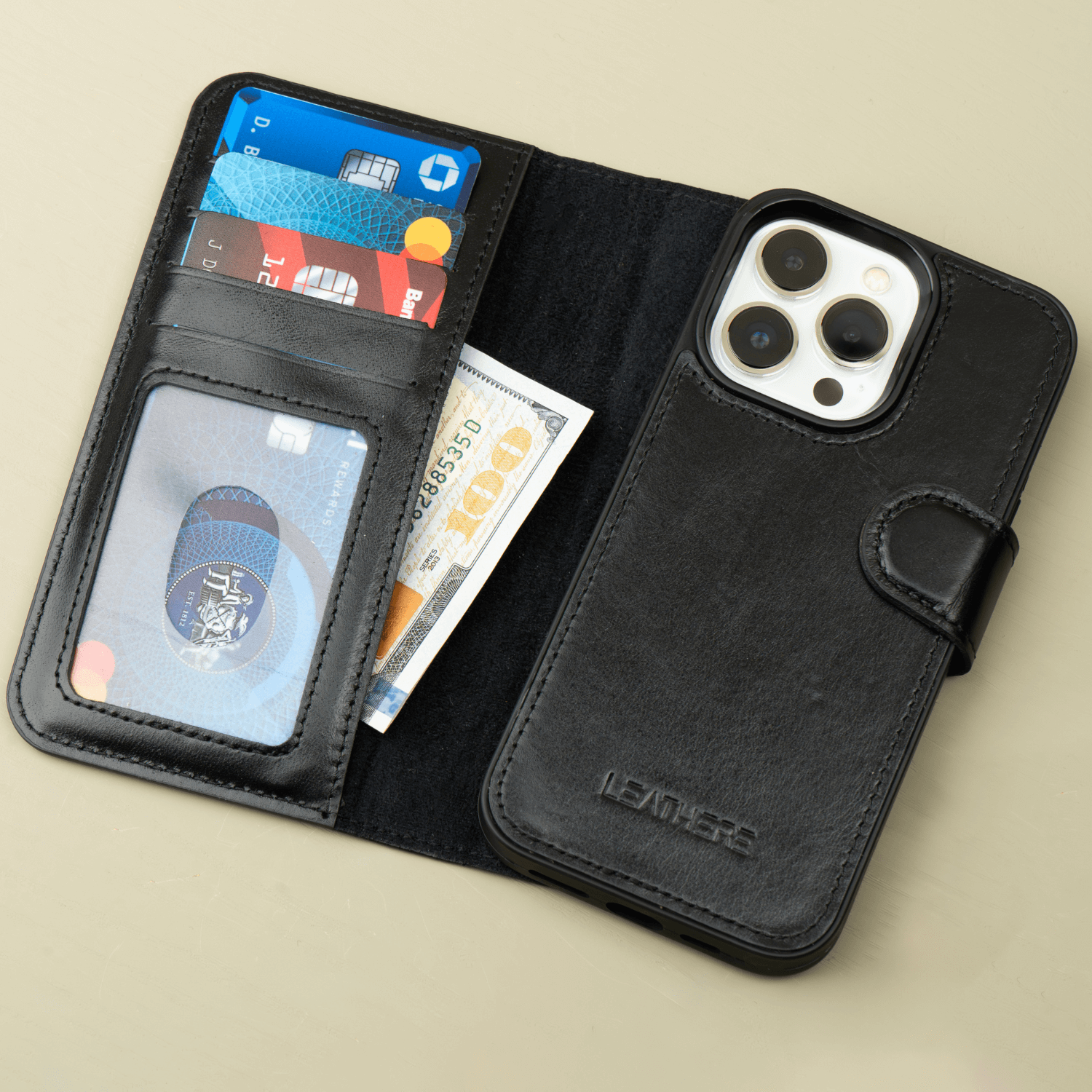iPhone 16 Series Black Leather Wallet Case - New York