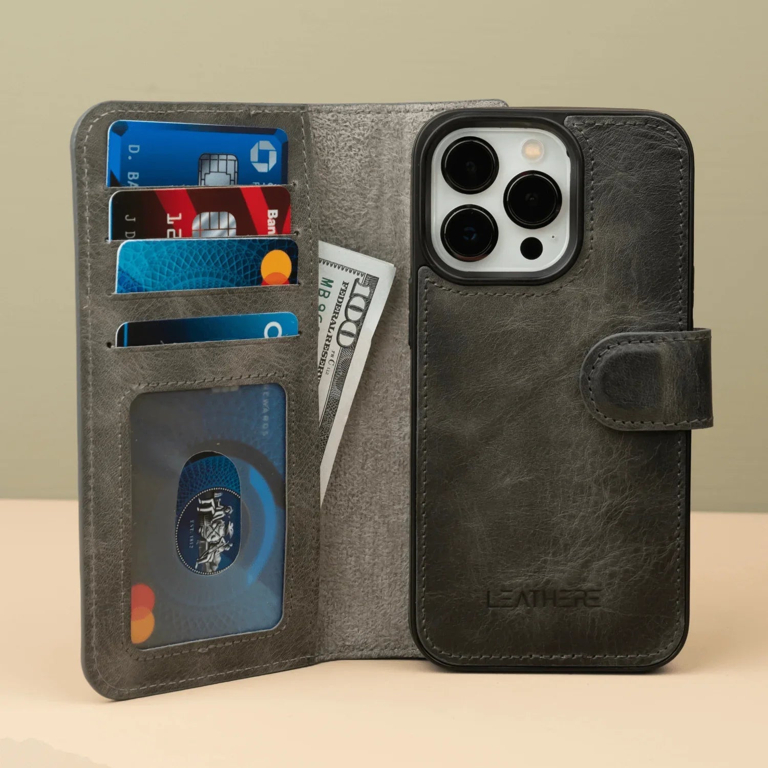 iPhone 16 Series Grey Leather Wallet Case - New York