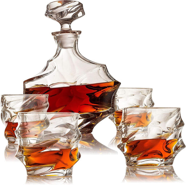 The Wine Savant Wine and Whiskey Mountain Decanter with 4 Glasses and Wood Tray 750 ML