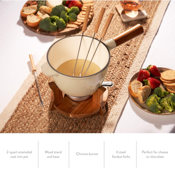 Wood and Cast Iron Fondue Set in Beige