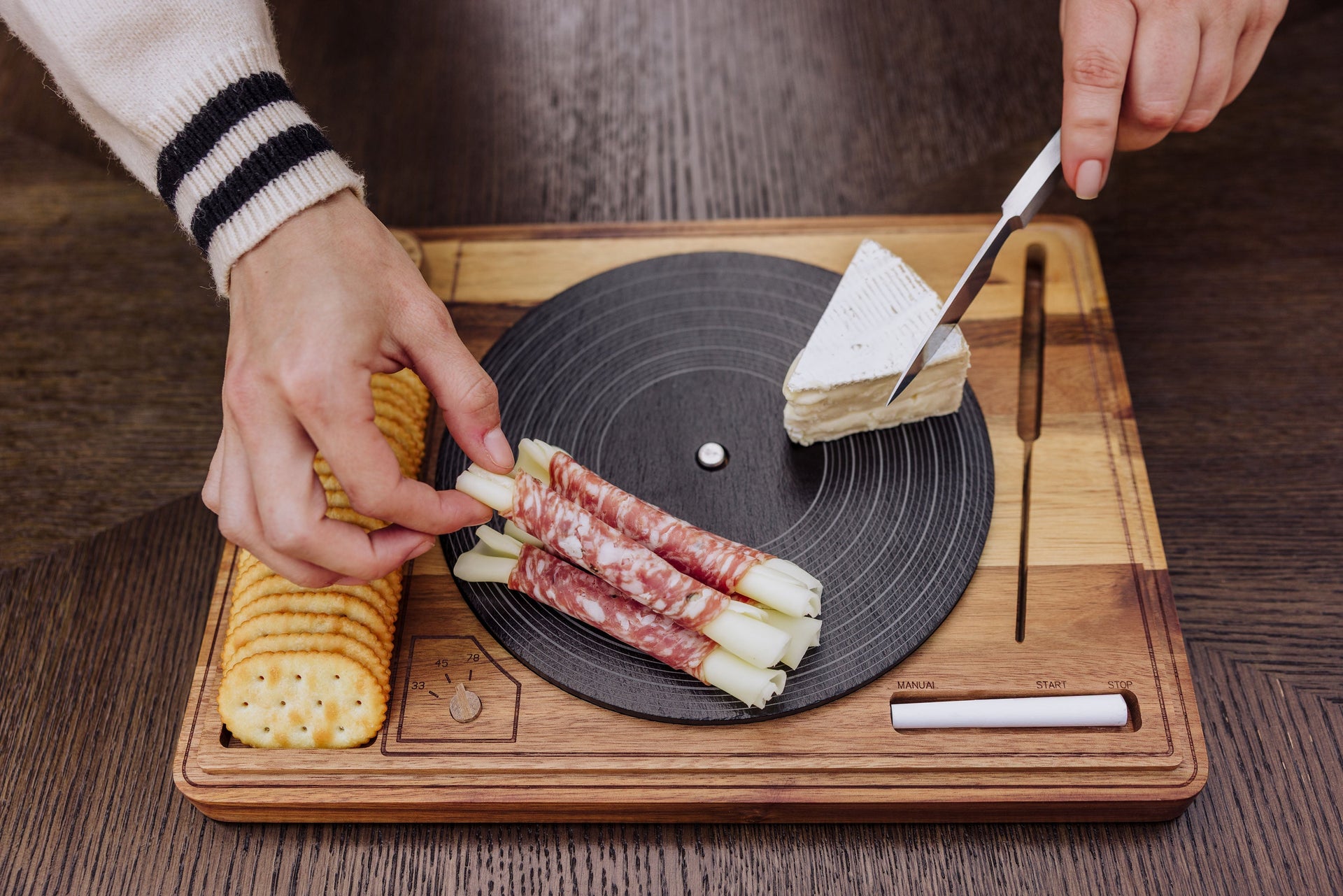 Turntable Acacia and Slate Cheese Board with Knife Picnic Time Family of Brands