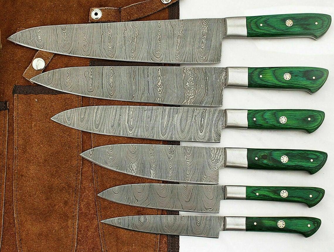 Custom Handmade Damascus Chef Knife – 13” with Pakka Wood Handle, Steel Bolster & Leather Roll
