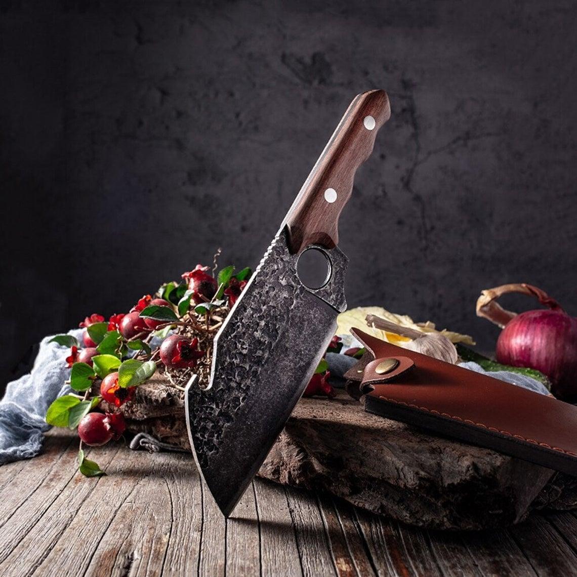 Best Cleaver Knife – Handmade Damascus Steel Cleaver with Rosewood Handle & Leather Sheath for Fall BBQ Season