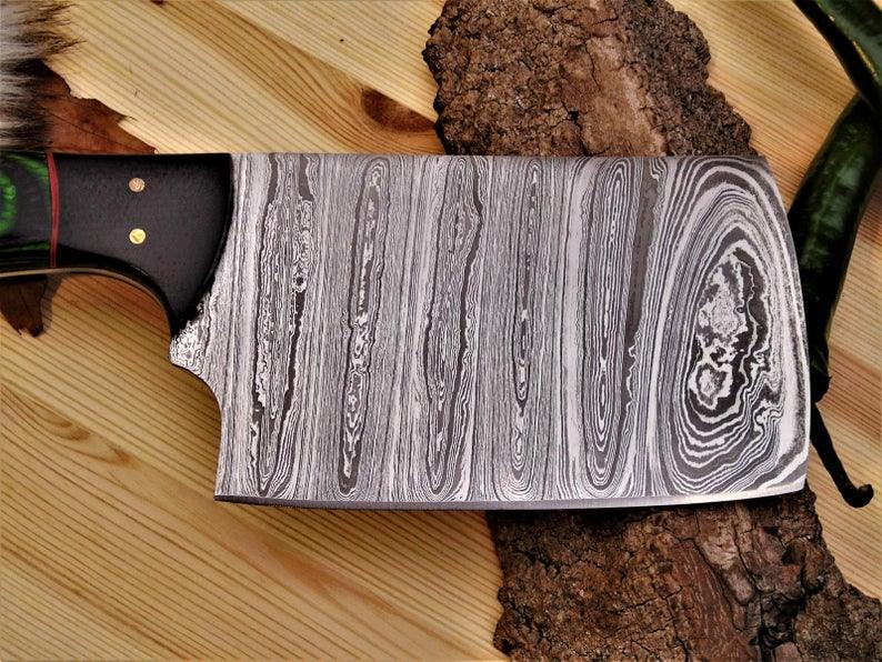 Hand-Forged Damascus Steel Cleaver Knife – 9” Pakkawood Handle & Leather Sheath | Perfect Holiday Gift for Chefs & BBQ Lovers