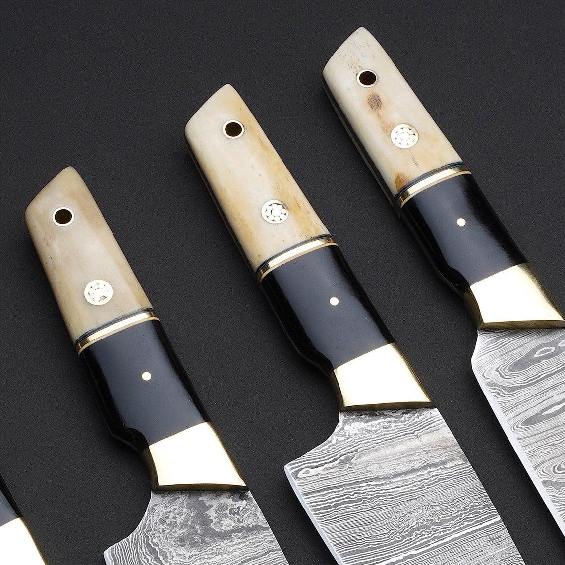 Custom Handmade Damascus Steel Kitchen Knife – 13” with Resin & Bone Handle, Brass Bolster & Leather Roll Kit
