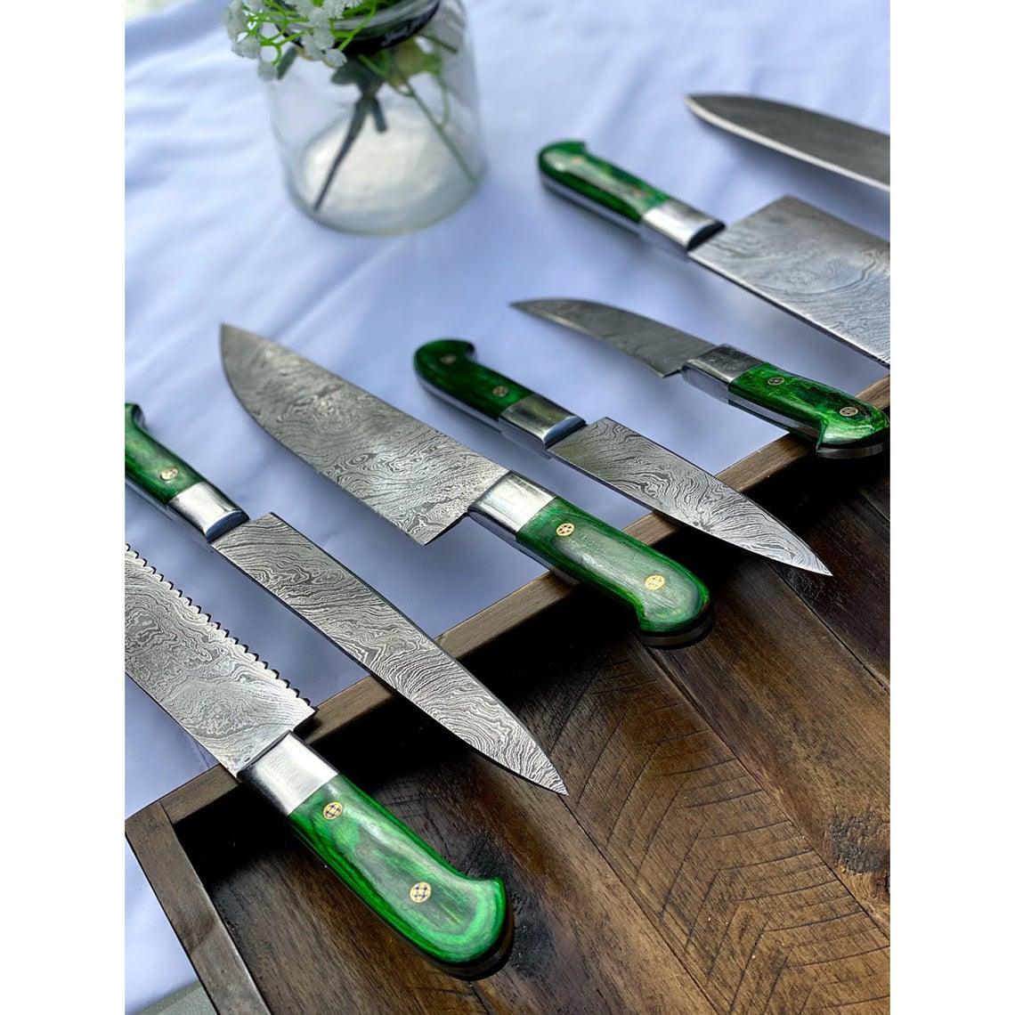 Custom Handmade Damascus Steel Knife – 13” Pakka Wood Handle, Steel Bolster & Leather Roll | Premium Knife Set Piece