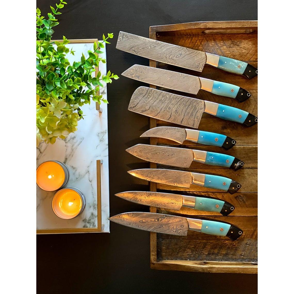 Custom Handmade Damascus Kitchen Knife – 13” with Colored Bone or Resin Handle, Steel Bolster & Leather Roll Kit
