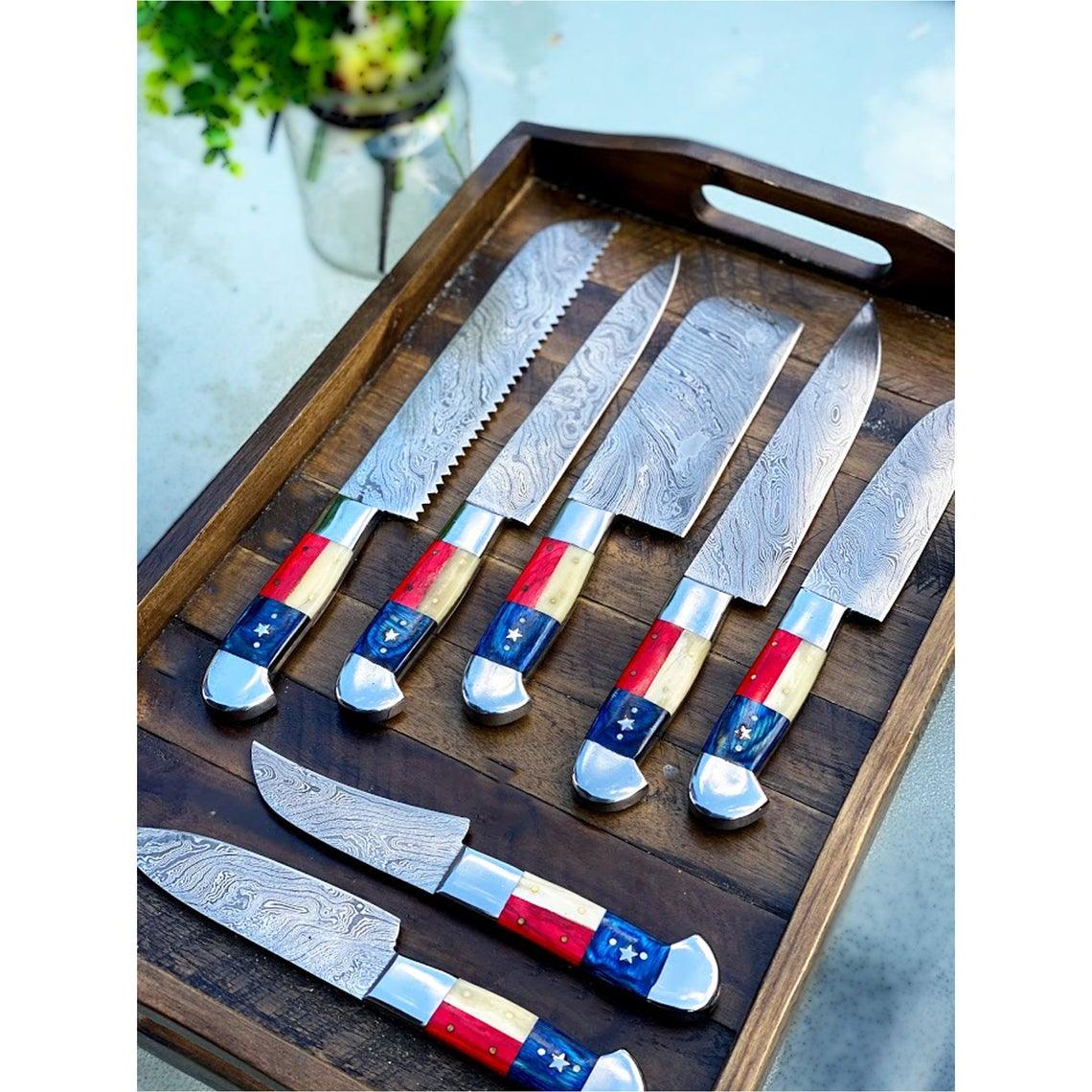 Custom Handmade Damascus Chef Knife – 13” Bone & Exotic Wood Handle with Steel Bolster & Leather Roll | Best Home Knife Set