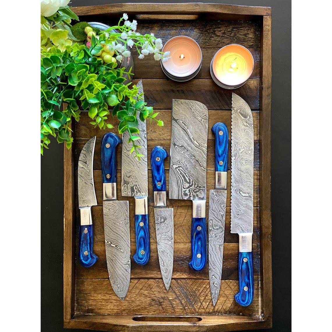 Custom Handmade Damascus Steel Chef Knife – 13” with Pakka Wood Handle, Steel Bolster & Leather Roll | Best Home Knife Set Essential