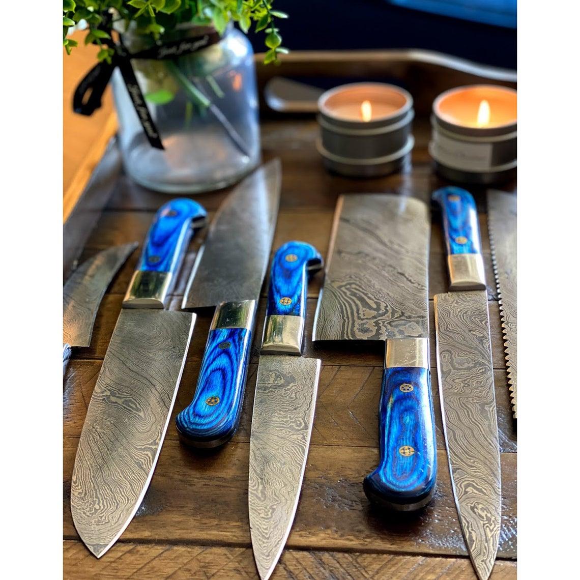 Custom Handmade Damascus Steel Chef Knife – 13” with Pakka Wood Handle, Steel Bolster & Leather Roll | Best Home Knife Set Essential